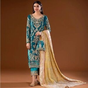 Elegant Teal and Gold Embroidered Dress with Shawl